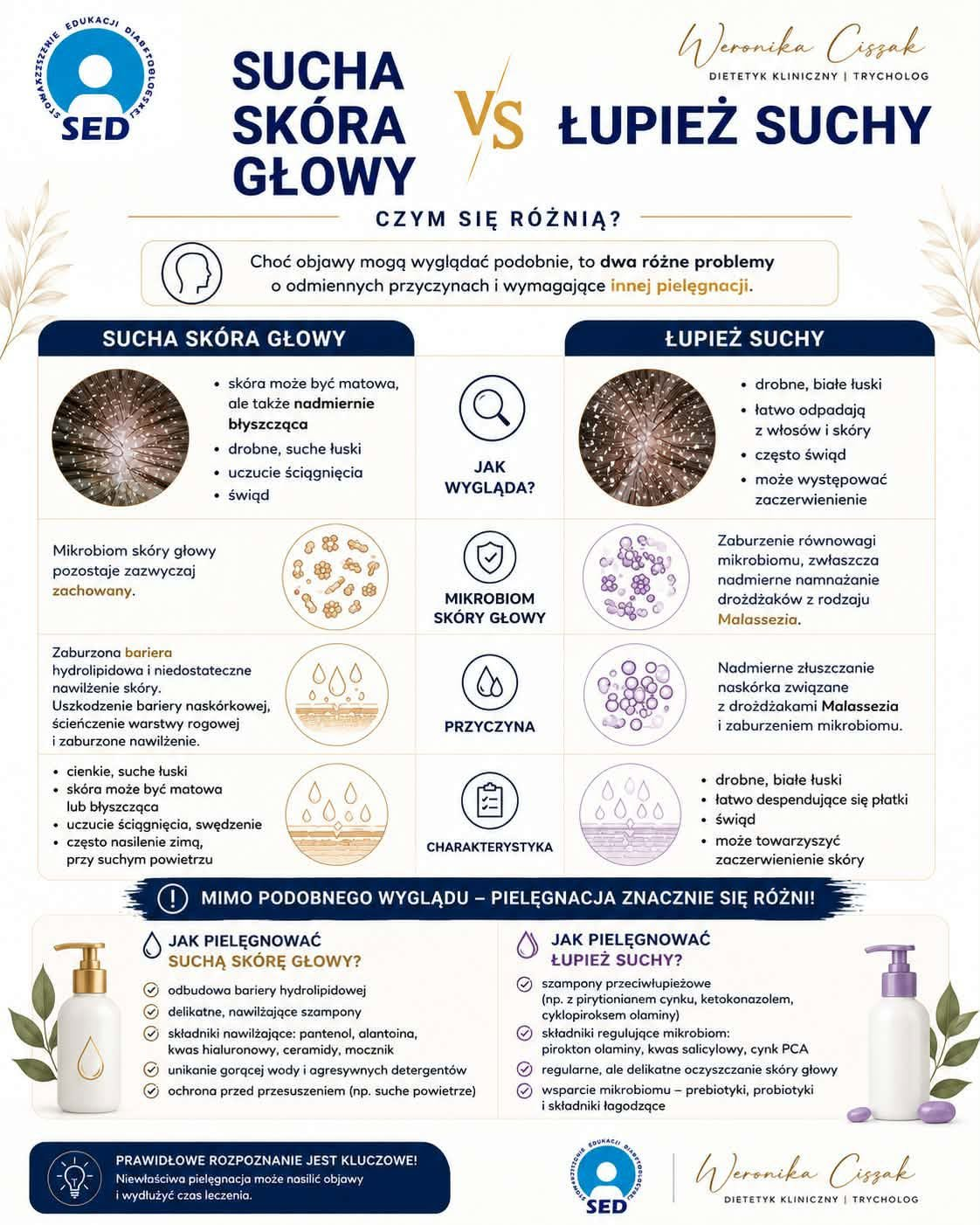 Infografika: sucha skóra głowy vs łupież suchy — porównanie objawów, mikrobiomu, przyczyn i pielęgnacji